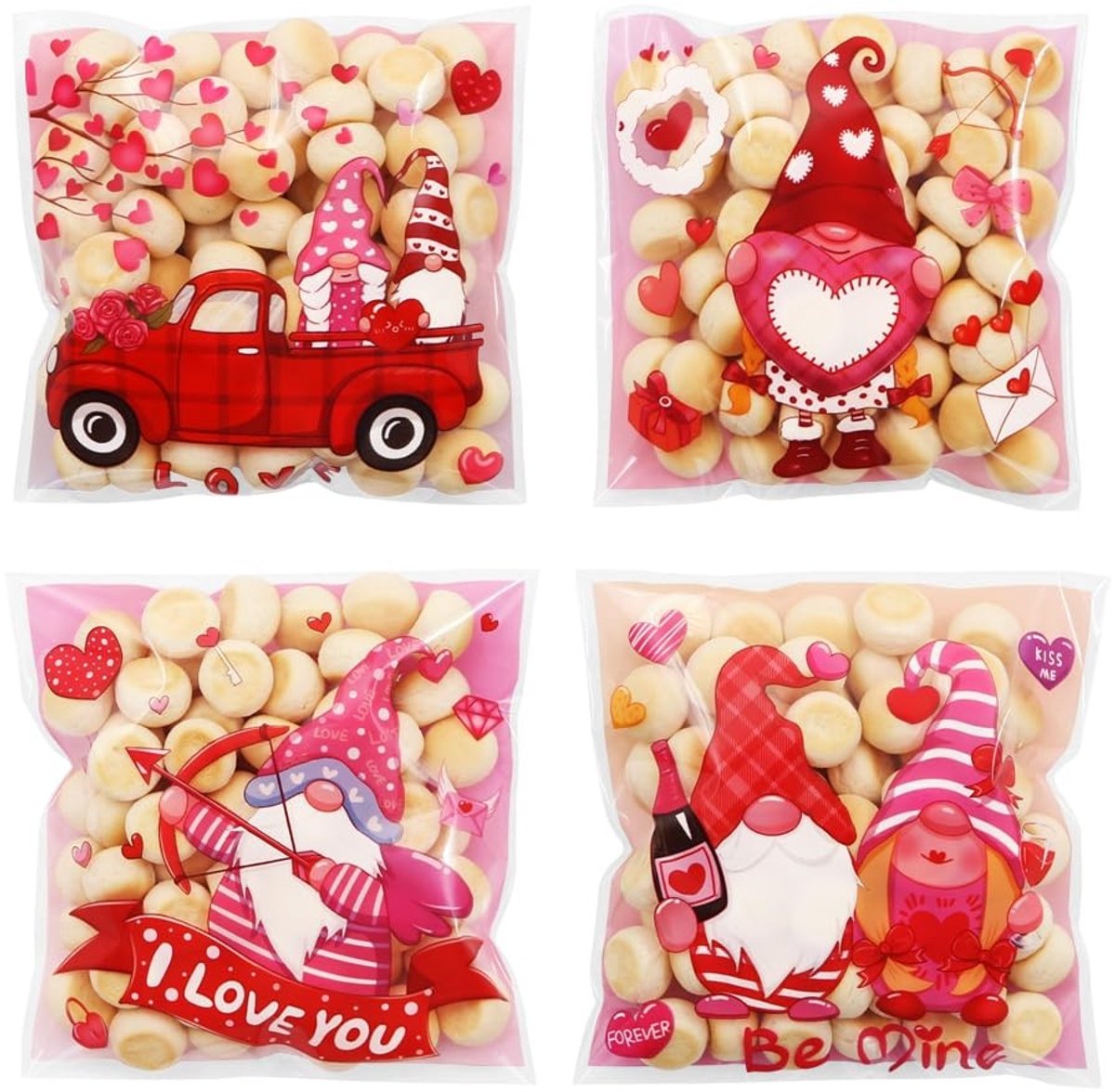 MTTproducts- Snoepzakjes 100 stuks - Zelfsluitende Traktatiezakjes - Roze/Rode Ontwerpen - Feestartikelen - Perfect voor Geschenken - Retro Figuurontwerp