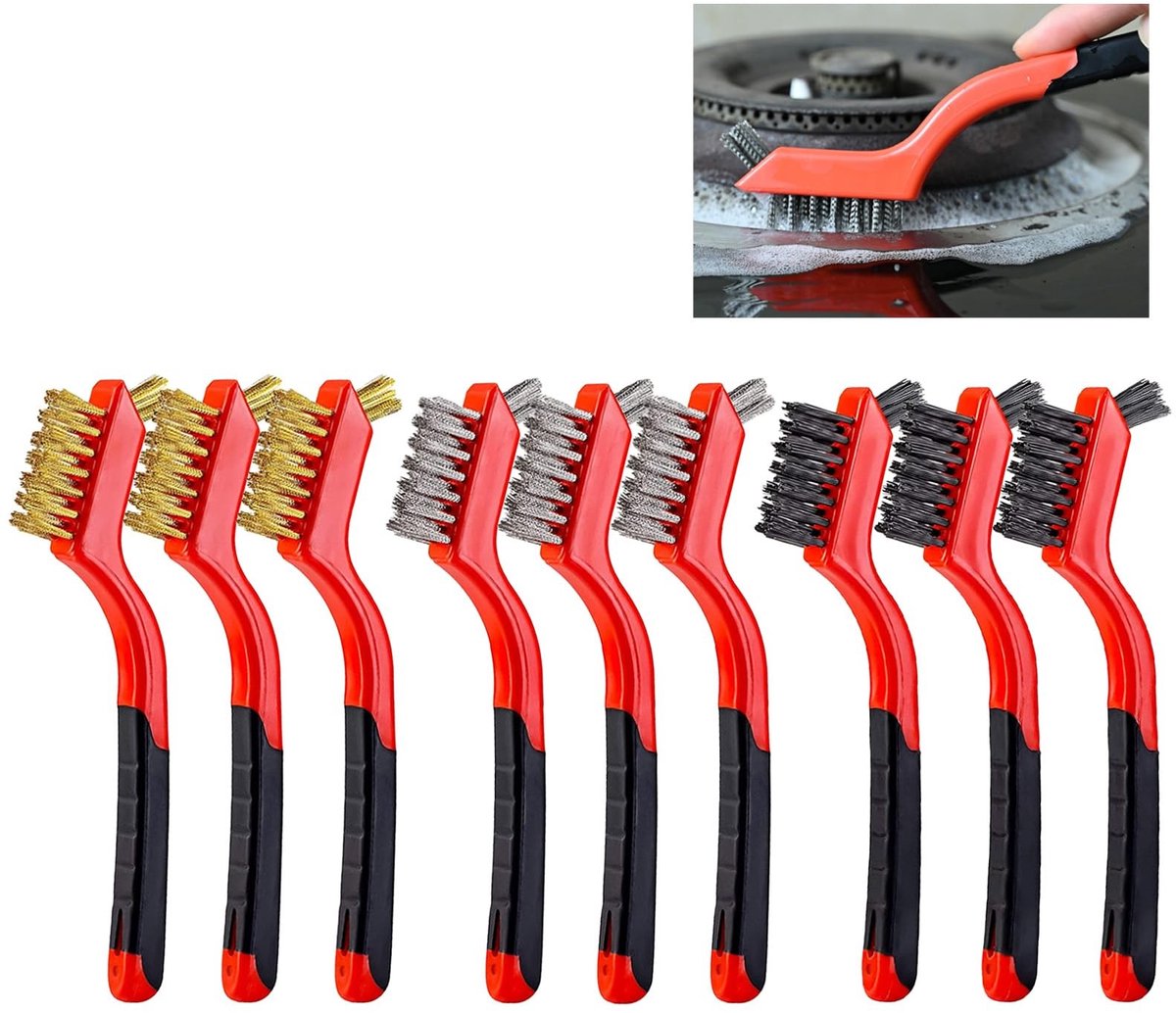 MTTproducts- Draadborstels Set van 9 - Messing Borstels - Roestvrij Staal Borstels - Nylon Borstels - Verstelbare Handgreep - Ideaal voor Schoonmaken - Schoonmaakborstels