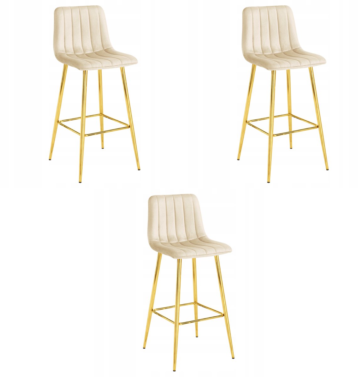 LEOBERT Set van 3 Barkrukken POZZA - Licht Beige Fluweel - Gouden Metalen Poten - Moderne Barkruk met Rugleuning Beige/Goud