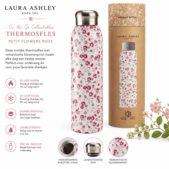 Laura Ashley Thermosfles - Thermosbeker - Dubbelwandig RVS - Lekvrij - Petit Flowers Roze