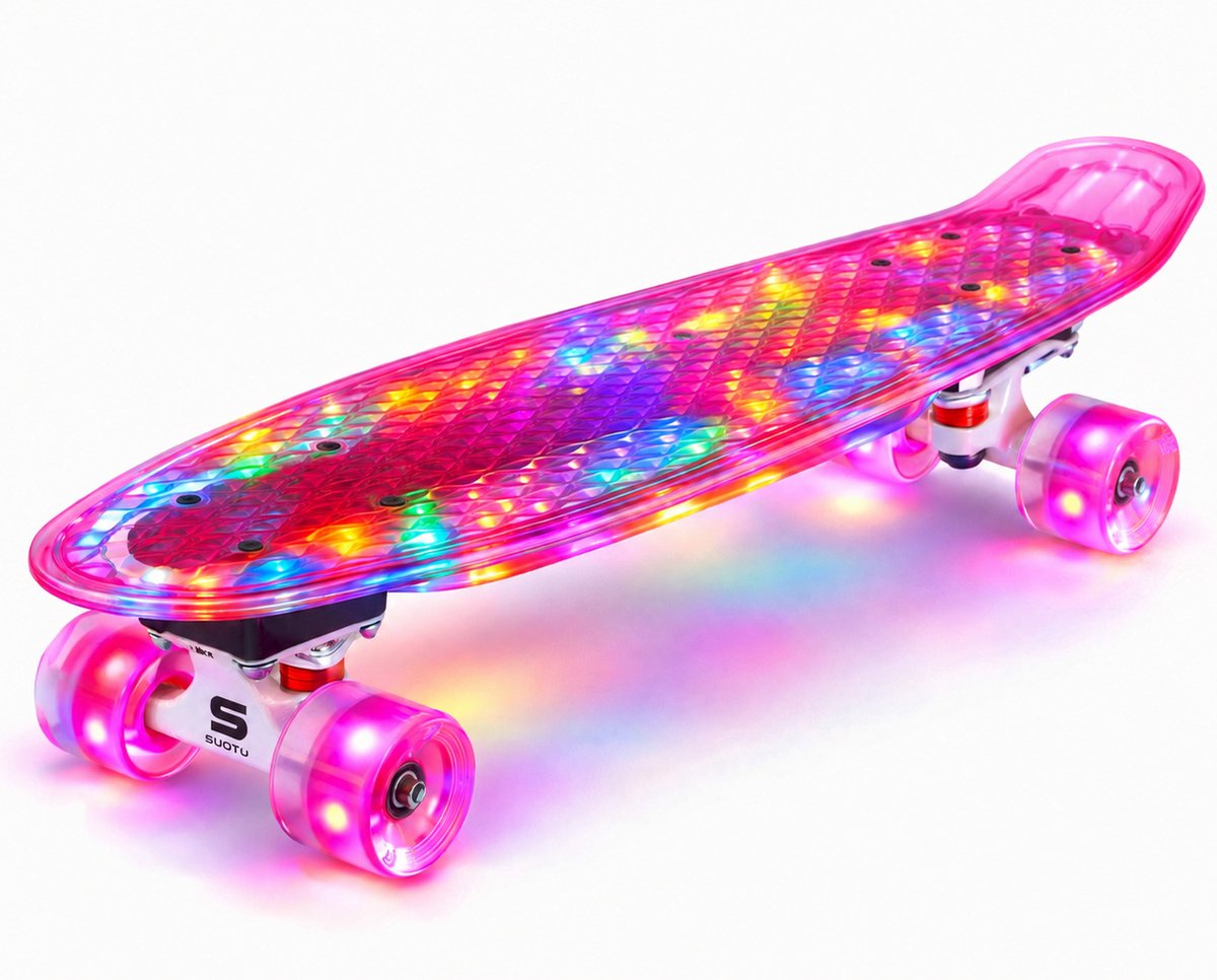 Suotu Skateboard met LED Lichtgevend Dek & Wielen ABEC-9 Skateboard Meisjes/jongens – Skateboard Volwassenen glitter Roze