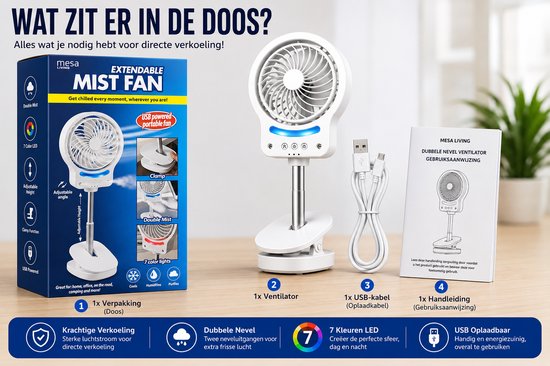 Mesa Living USB Ventilator met Verneveling – Mist Fan – Oplaadbare Klemventilator & Tafelventilator – Draagbare Ventilator voor Bureau, Slaapkamer, Balkon & Camping – 7 Kleuren LED – Uitschuifbaar tot 53 cm
