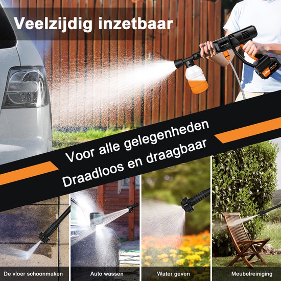 6-in-1 Krachtige Draadloze Hogedrukreiniger 21V - Ideaal voor Auto Wassen, Tuinmeubels en Terrassen - Met 2 Lithium Accu's - Schuimfles & 5m Slang — afbeelding 3