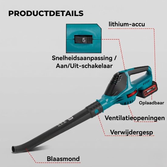 Stervia Bladblazer - Luchtblazer - Met Accu En Oplader - 5 Standen - 16m³/min - 180M/S - Zwart/Groen - 83 x 15 x 18 cm — afbeelding 3