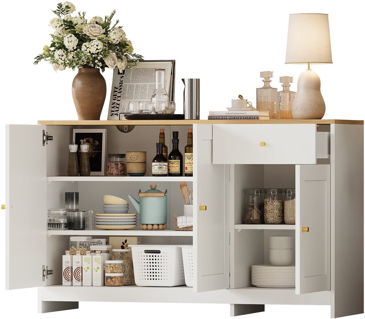 Merax Opbergkast met 3 Deuren en Lade - Dressoir Kast met Legplanken - Kast Woonkamer en Eetkamer - Wit en Houtkleur 120x40x75 cm