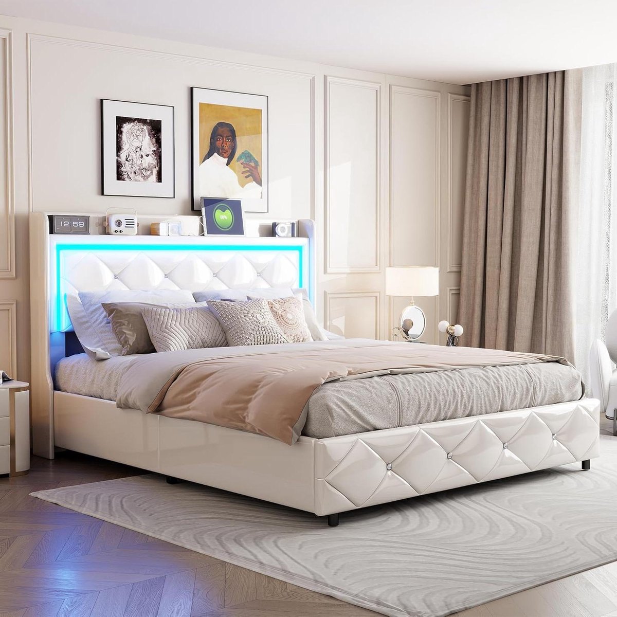 LED Tweepersoonsbed - Gestoffeerd Bed Opbergbed - Slaapkamer Inrichten - Met Opbergruimte 