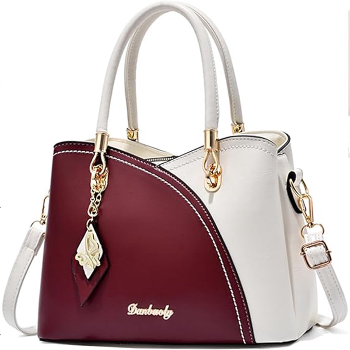 MODENUIT Handtassen - Dames Tas Colour Block Tas Schoudertas Met Meerdere Vakjes Voor Sleutels, Kaarten En Cosmetica, Leer, Bordeauxrood + Wit