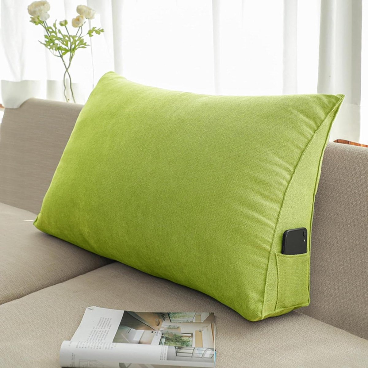 Wigkussen Steunkussen - Driehoekskussen Rugkussen - Ontspannen Lezen - Met Opbergvak - 100x20x50 cm - Groen