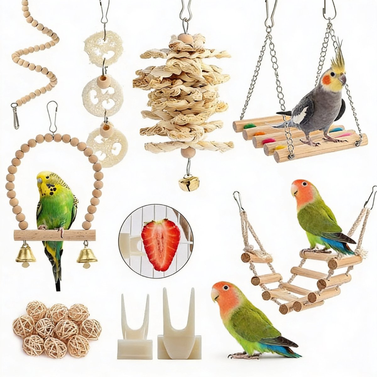 Vogelspeelgoed Set 18 Stuks Natuurlijk en Veilig Voor Papegaaien en Vogels – Papegaai Speelgoed Met Schommels, Ladders en Kauwspeeltjes Voor Actief Spelen – Vogelkooi Accessoires Duurzaam en Stimulerend Voor Gezond Gedrag