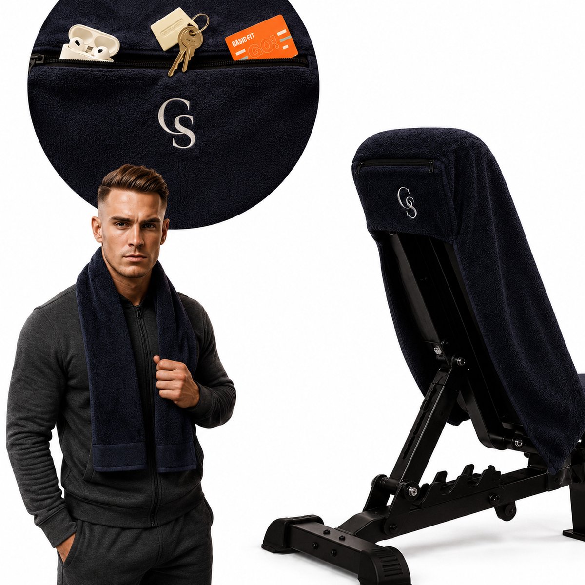 GoldStandard - Sporthanddoek - Handdoek - Fitness handdoek - Multi handdoek - Microvezel handdoek - Met Rits en Opbergvak - Zwart