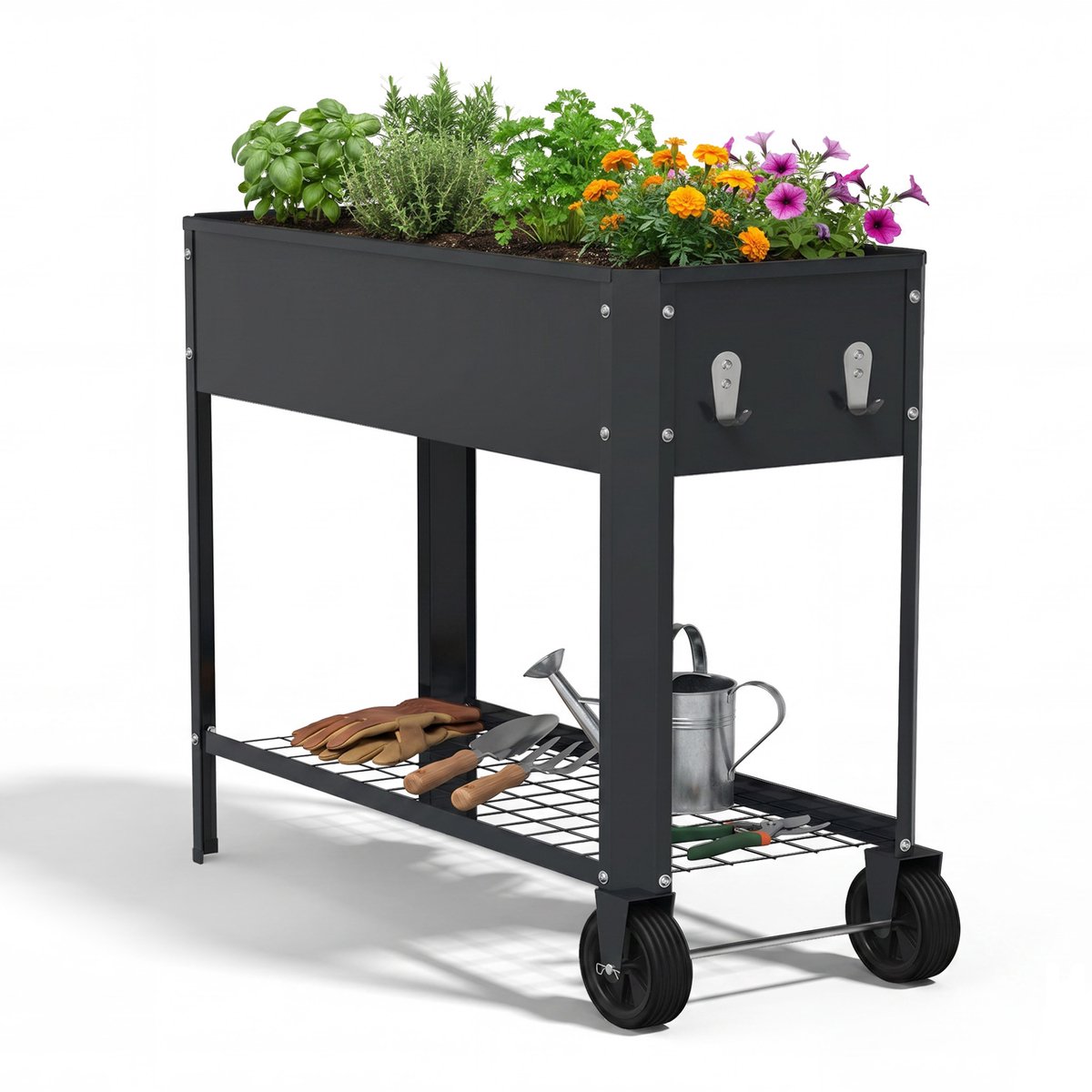 Aufun Gegalvaniseerd metalen verhoogd bak - stabiele plantenbak en groentebak, veelzijdig voor bloemen, fruit en groenten, geschikt voor binnen en buiten, zwart, afmetingen 80x35x80 cm, Met armleuningen en wielen