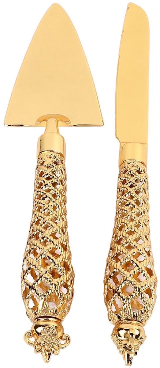 Allecto - Gouden Taartserveerset - Serveerbestek - 2-delig - Bruiloft Taartsnijset - Perfect voor bruidstaarten - Vaatwasserbestendig