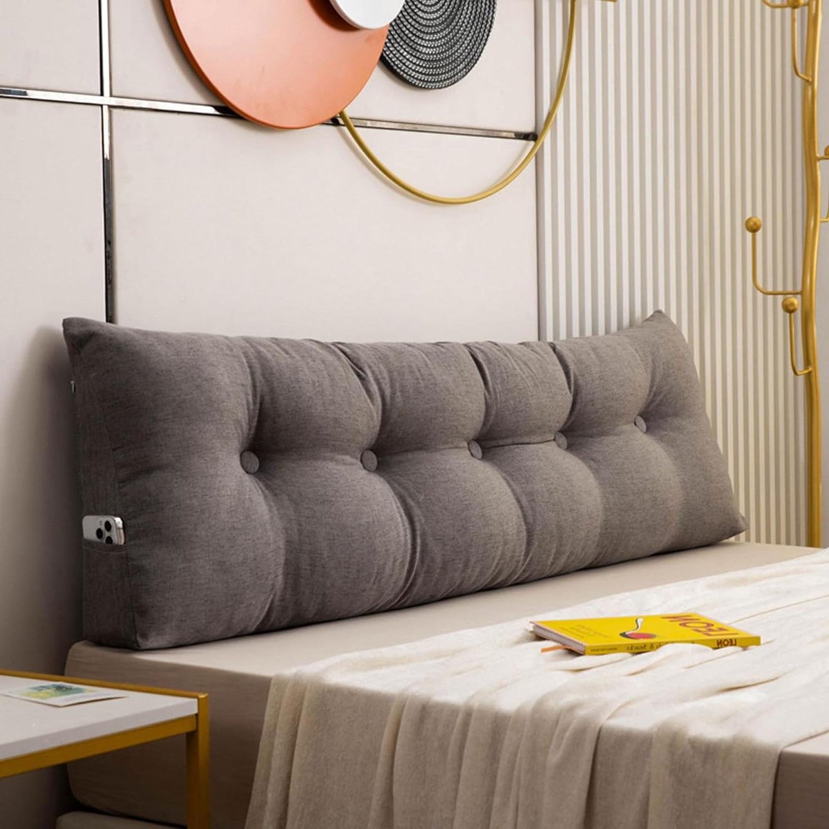 Leeskussen Bed - Hoofdkussen Rugsteun - Comfortabel Lezen - Wigvormig Ontwerp - 200x40x12cm - Bruin