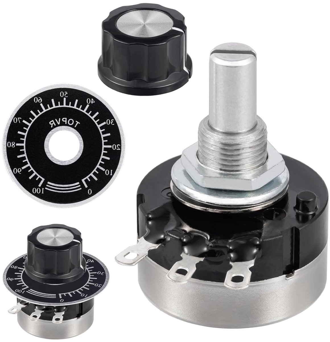 Draaipotentiometer - Variabele weerstand Koolstoffilm - Snelheidsregeling aanpassen - Met knop en wijzerplaat - 20K Ohm - Zilver