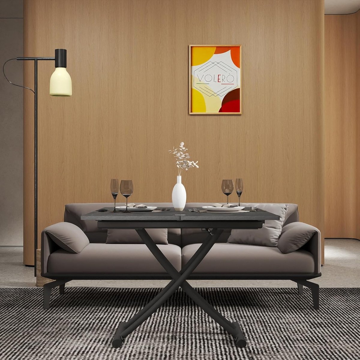 Salontafel 100x90x75 cm – 3-in-1 Uitschuifbare & Verstelbare Lift Salontafel tot Eettafel voor 4 Personen – Hoog Laag, Industrieel Betonlook/Walnoot, Krastvast, Met Wielen – Faisal