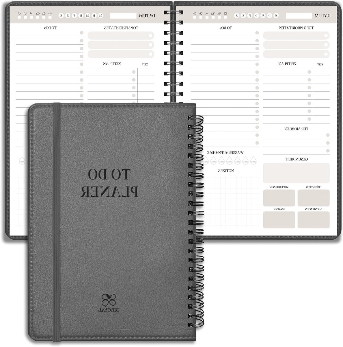 Dagelijkse planner zonder datum, spiraalvormig notitieboek met hardcover in lichtgrijs leer, perfect voor organisatie en planning