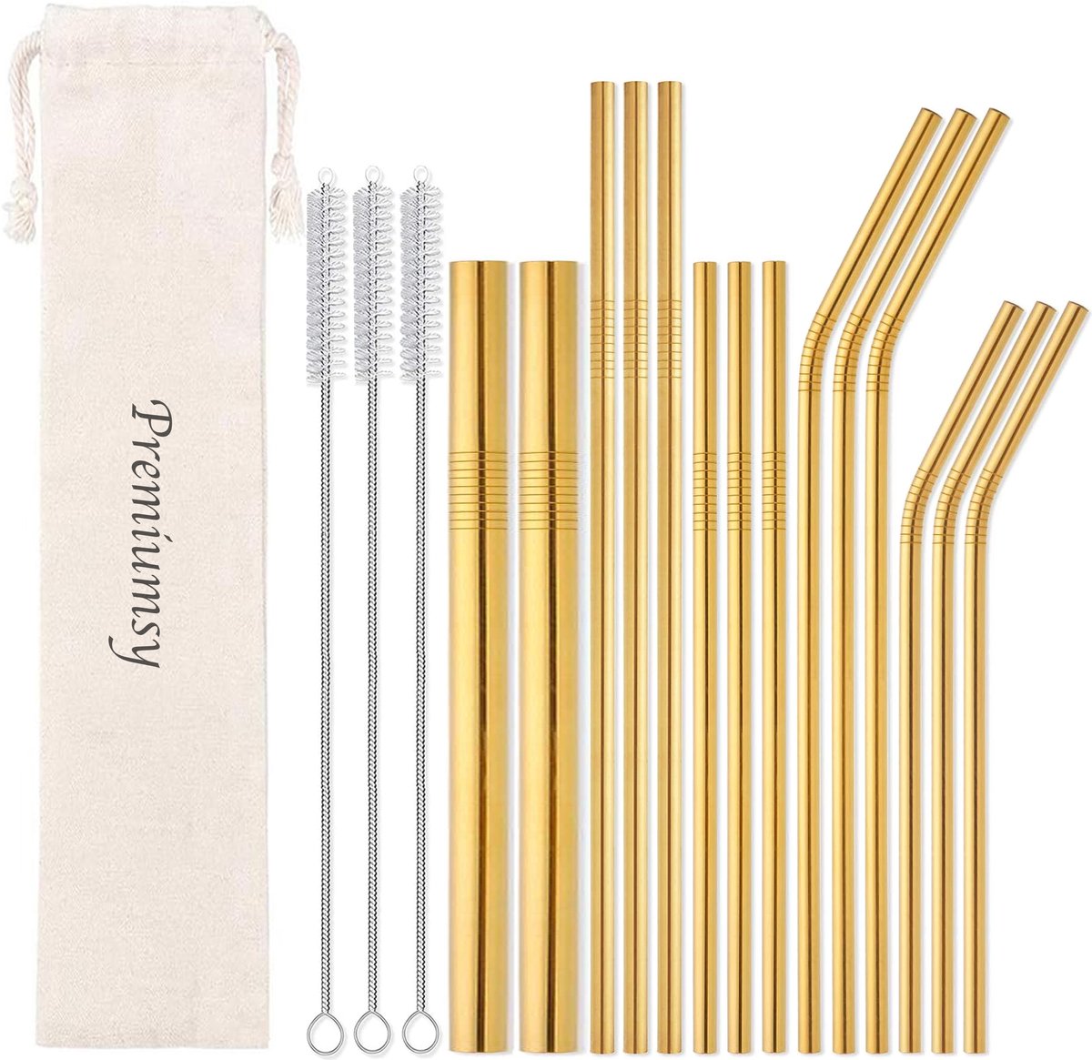 Premiumsy 14x Herbruikbare Metalen Rietjes - Verschillende Maten - Duurzame Rietjes Herbruikbaar - RVS Rietjes - Ijzeren Rietjes - Geschikt voor Smoothies en Cocktails - Goud
