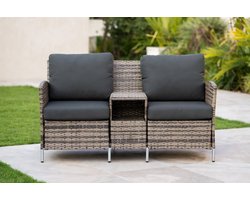 Luxe Polyrotan Tuinbank 2-Zits met Tafel en Zitkussens – Weerbestendige Wicker Balkonbank met Glasplaat – 131x61x82 cm – Natuur | IndustroHome