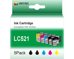 INKFIND LC521 Zwart/Zwart/Cyaan/Magenta/Geel inktcartridge compatibel met Brother LC521 LC-521 LC521VAL Multipack 5 stuks (Zwart x 2, Cyaan x 1,…