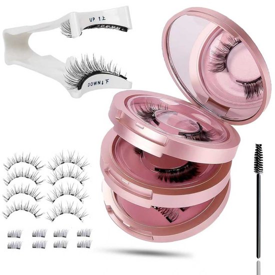 Magnetische wimpers met applicator, compacte roze koffer met spiegel, wimperborstel en diverse stijlen wimpers.
