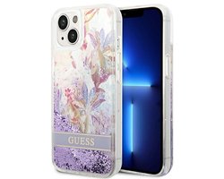 Guess Flower Liquid Glitter Serie - Hoesje voor iPhone 14 Plus - Violet - Luxe Bloemmotief - Duurzaam Materiaal