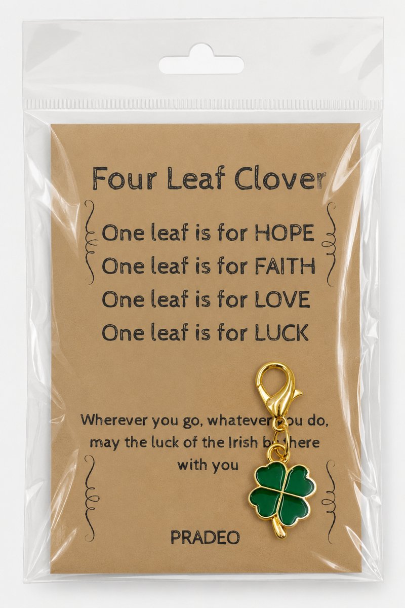 Pradeo - Klavertje Vier Sleutelhanger - Gelukshanger - Hangertje - Klavertje 4 - Four Leaf Clover - Key Chain - Pocket Hug - Klein Cadeau / Geschenk - Met Kaartje Met Tekst - Groen