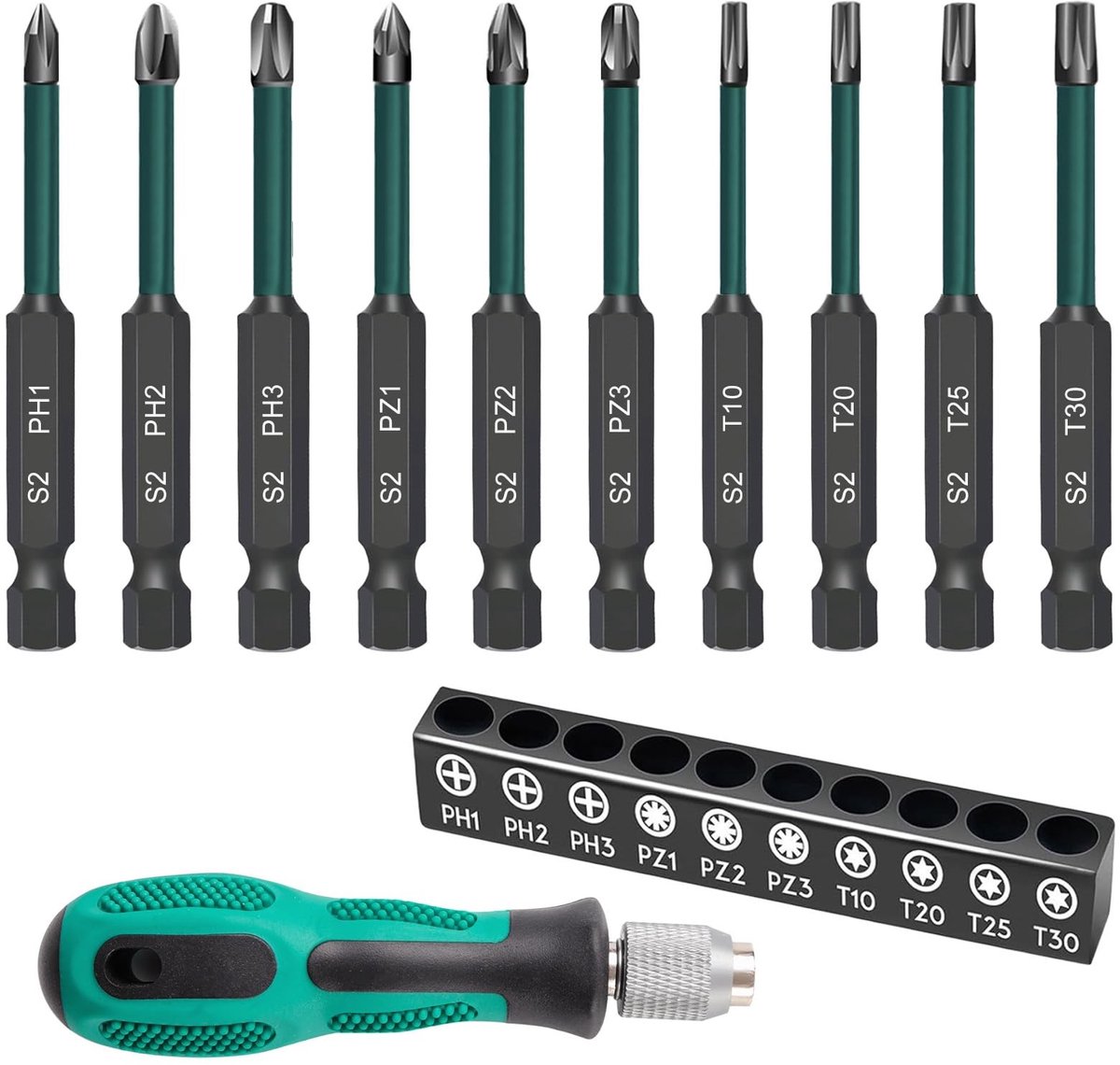Allecto - Schroevendraaier Bit Set - 70mm Lange Bits - Magnetische Hoofd - 11 Stuks - S2 Legering - Geschikt voor Elektrisch Gereedschap - Torx, PH...