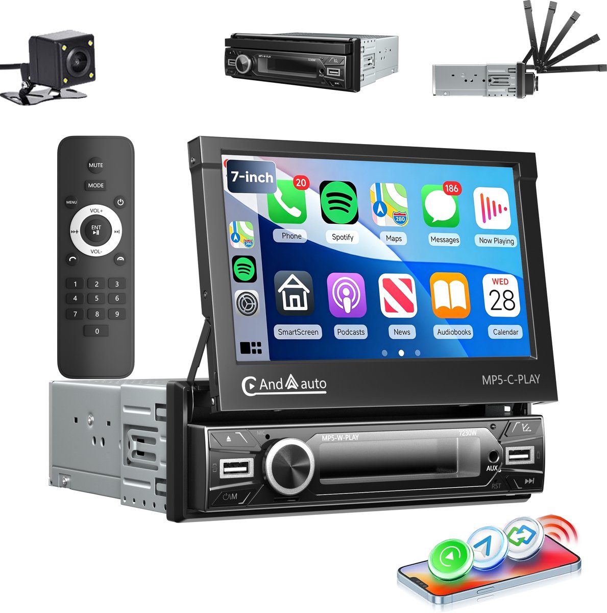 ESSGOO 1Din Autoradio - 7 Inch IPS HD Elektrisch Klapscherm - Apple Carplay & Android Auto (Draadloos) - Bluetooth, Aux, USB, SD & MP5 - Achteruitrijcamera