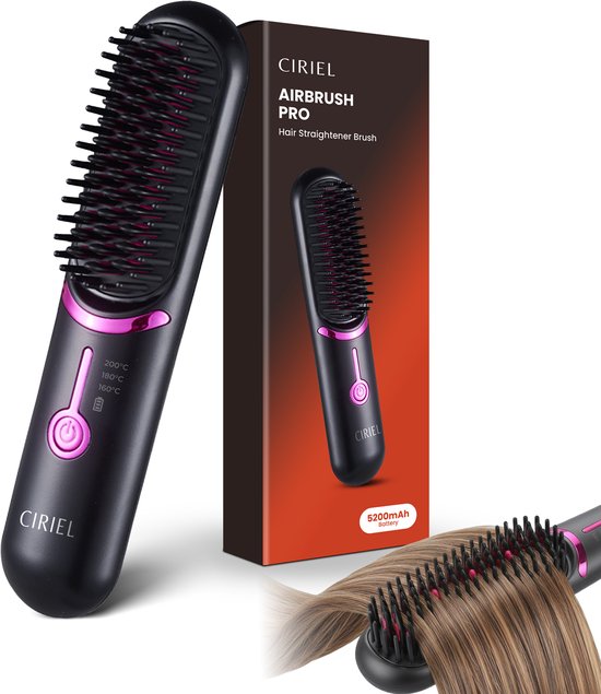 Ciriel AirBrush - Brosse Lissante Sans Fil – Brosse à Cheveux Électrique – Brosse Chauffante - Lisseur Sans Fil - Sèche-cheveux Sans Fil - Rechargeable – 3 Niveaux de Chaleur – Pour Cheveux Épais, Normaux et Fins