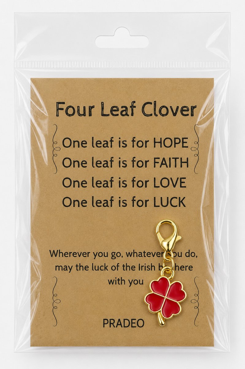 Pradeo - Klavertje Vier Sleutelhanger - Gelukshanger - Hangertje - Klavertje 4 - Four Leaf Clover - Key Chain - Pocket Hug - Klein Cadeau / Geschenk - Met Kaartje Met Tekst - Rood