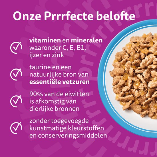 Een bord met kattenvoer in gelei. De tekst "Onze Prrrfecte belofte" staat met linkse vinkjes voor vitaminen, taurine, en dierlijke eiwitten.