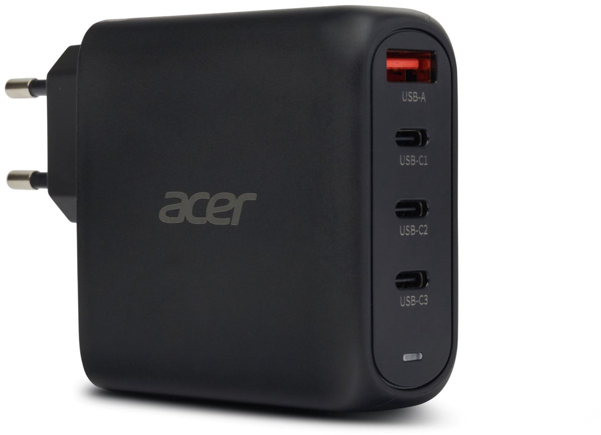 Acer 100W GaN Oplader – Snellader - Laptop Oplader - 3x USB-C – 1x USB-A – 2 meter kabel – Geschikt voor laptops, tablets en USB-C apparaten - Zwart