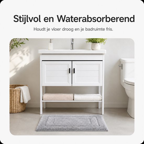 Grijze badmat voor een wastafelmeubel, stijlvol en waterabsorberend.