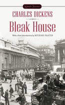 Boekomslag van Charles Dickens' Bleak House met een Victoriaanse straatscène en koetsen.