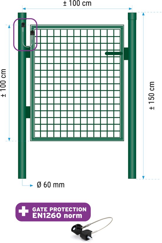 Enkele poort 100 cm (hoogte) 100cm (lengte) RAL6005 groen
