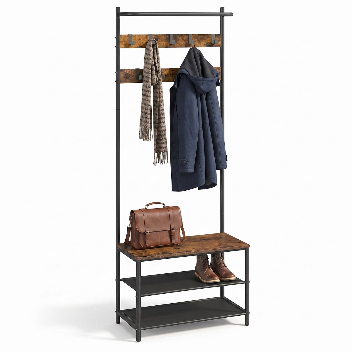 Aiverig® Kapstok met Schoenenrek Smal – Halmeubel & Garderoberek met Zitbank – Industriële Staande Kapstok met 9 Haken & 2 Schoenenplanken – Voor Smalle Hal & Kleine Entree – Vintage Bruin Hout – 64×32×180 CM