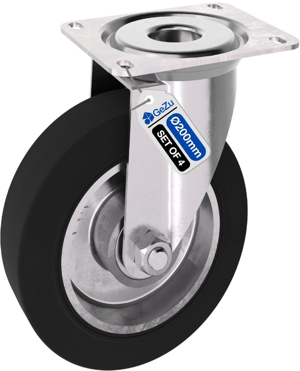 GEZU IMPEX Zwenkwielen 200x40mm Gegalvaniseerd Set van 4 Zware Zwenkwielen Industriële Polyurethaan Massief Rubber Wielen voor Werkbanken Meubels Trolley & Apparatuur