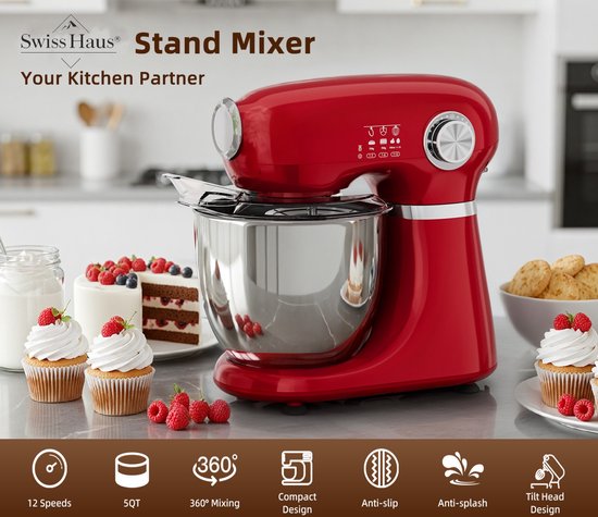 Swiss Haus® KM1905 Keukenmachine - 1000W Keukenrobot - 5L RVS Mengkom met Handgreep - 12 Snelheden - Retro Design - Multifunctionele Keukenmixer met Accessoires - Rood van Merkloos — afbeelding 3