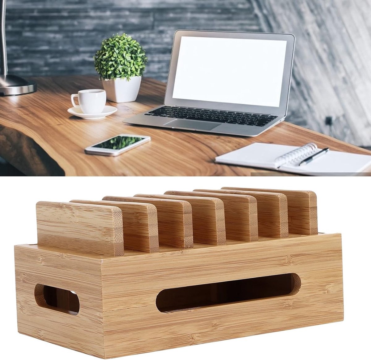 Houten Organizer voor Mobiele Telefoon en Tablet - Opbergbak voor Thuis en Kantoor met Ruimte voor Accessoires — cadeau in Wonen & Interieur - foto 5