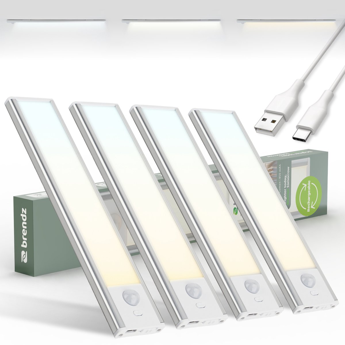 Brendz LED Kastverlichting met Bewegingssensor, USB-C Oplaadbare Led-Strip, 3 Kleurtemperaturen, Dimbaar, Draadloos, Magnetische Verlichting voor Kasten, Gangen, Slaapkamers, 4 x 20cm, Zilver