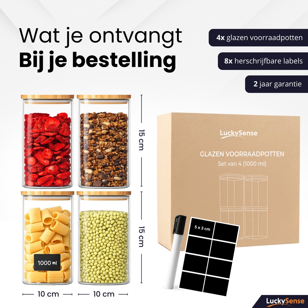 Glazen Voorraadpotten – Luchtdichte deksels – 1000ml – Borosilicaatglas – 10x10x15cm – Set van 4 — cadeau in Wonen & Interieur - foto 6