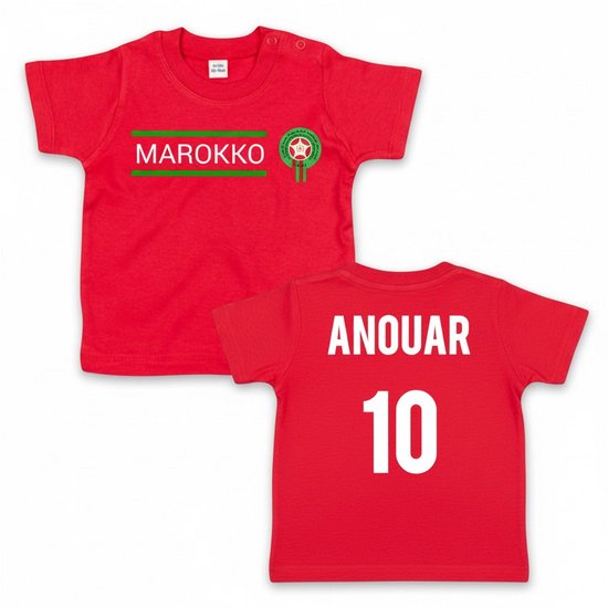 Baby T-shirt Marokko gepersonaliseerd met naam en rugnummer - 6-12 Maanden - Voetbal - WK voetbal