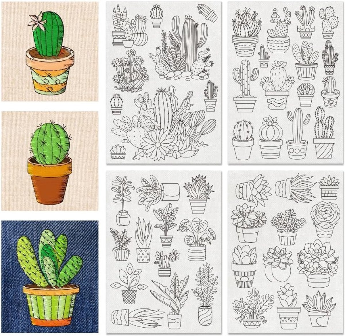 4 Vellen Wateroplosbaar Borduurpapier voor Potplanten, Cactus en Succulent Stick and Stitch, Handnaaien voor Kleding en Tassen