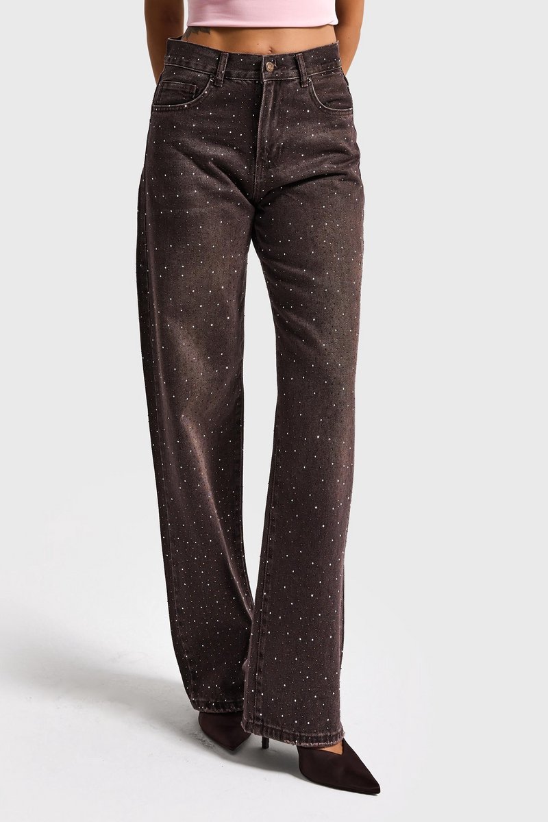 It's Basic - RHINESTONE LOOSE MID RISE JEANS - CHOCOLATE
