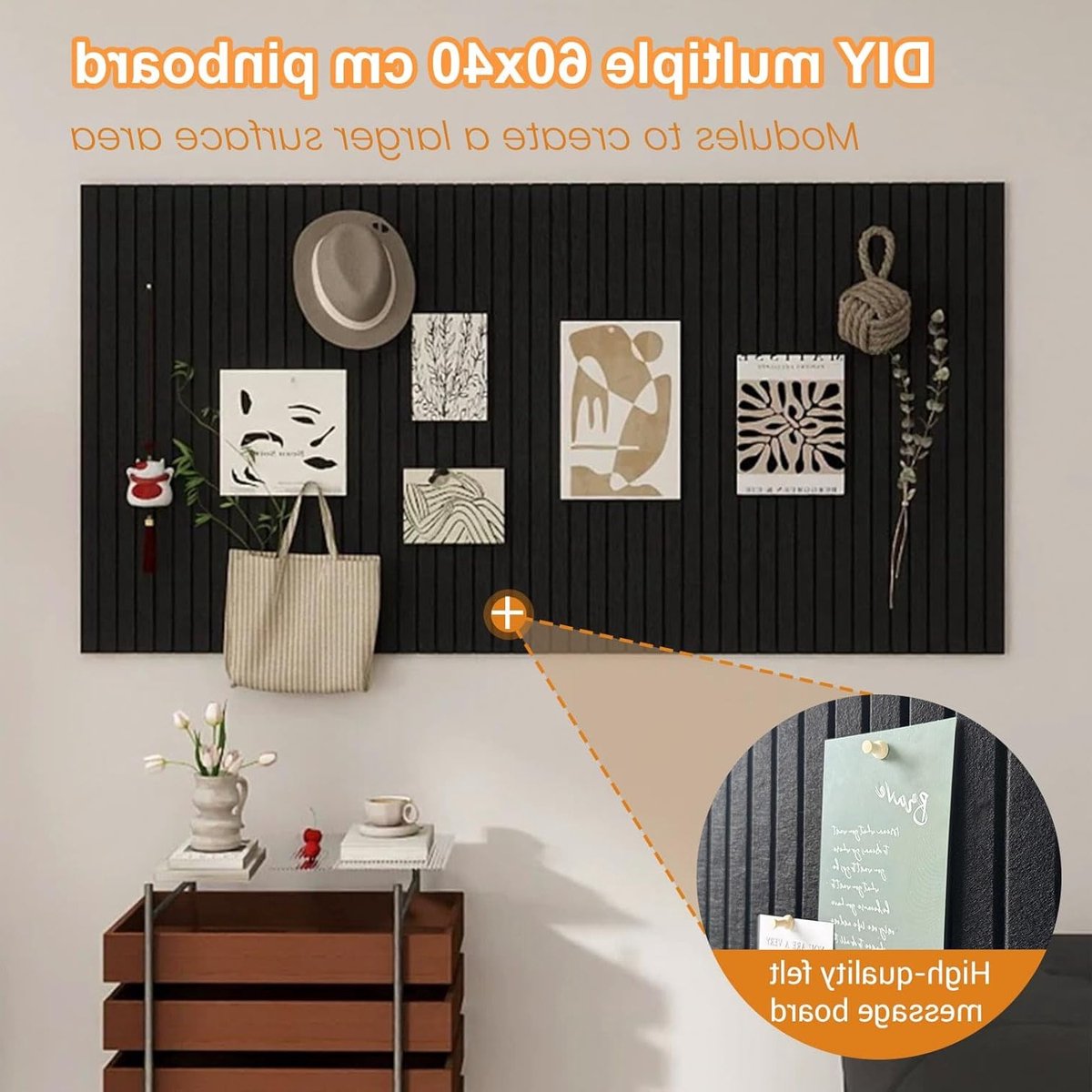 Decoratieve Vilt Prikbord 90 x 60 cm met Zelfklevende Verticale Strepen, Vouwbaar Foto- en Memo Bord voor Kantoor en Keuken, Zwart