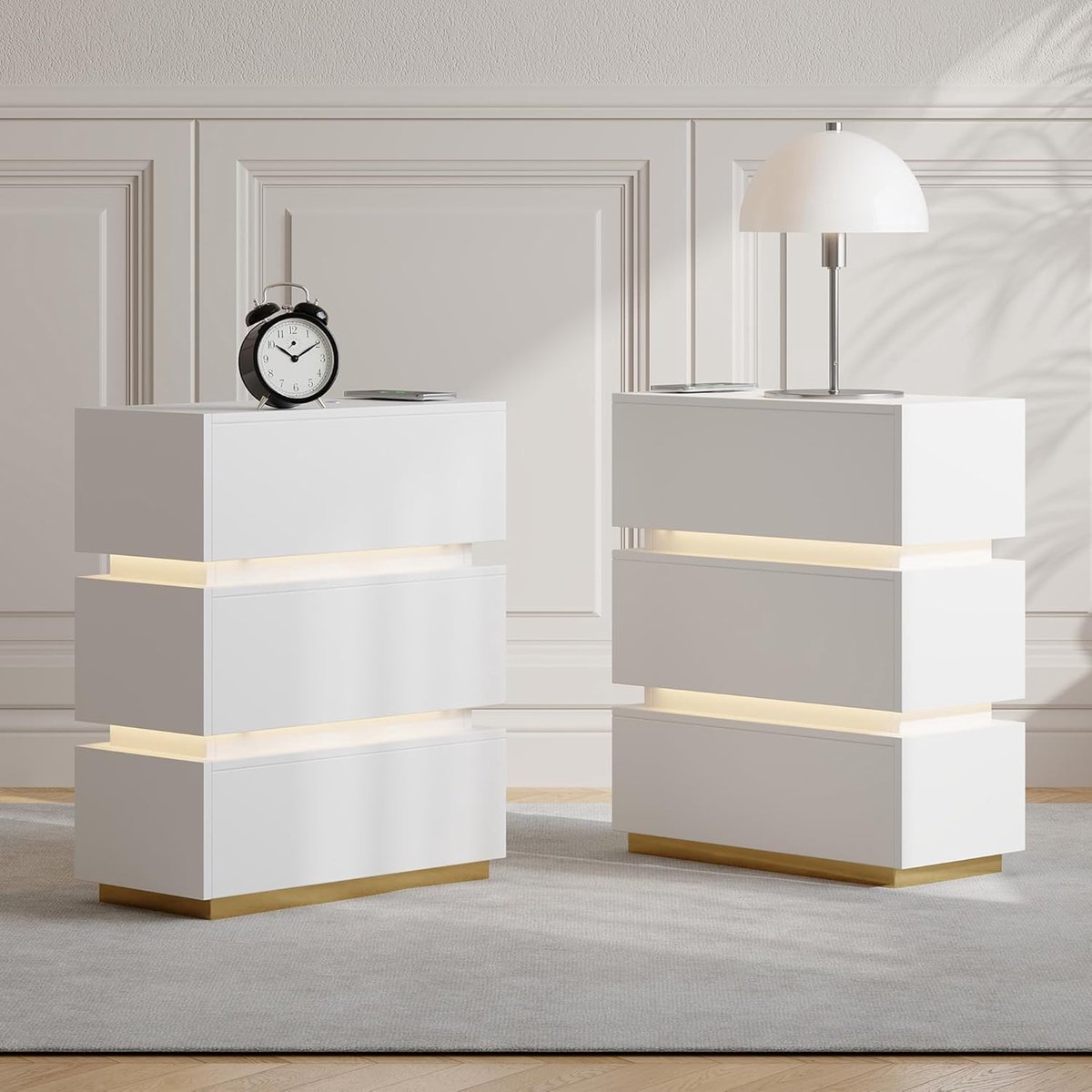 Nachtkastje Set van 2 met Draadloos Opladen – 60x24x50 cm – Smal Modern LED Nachtkastje met 3 Laden, USB & Type-C Poorten, Smart LED Verlichting – Wit – Faisal