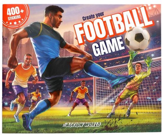 Stickerboek 'Create your Football Game' met actievolle illustraties van voetballers.