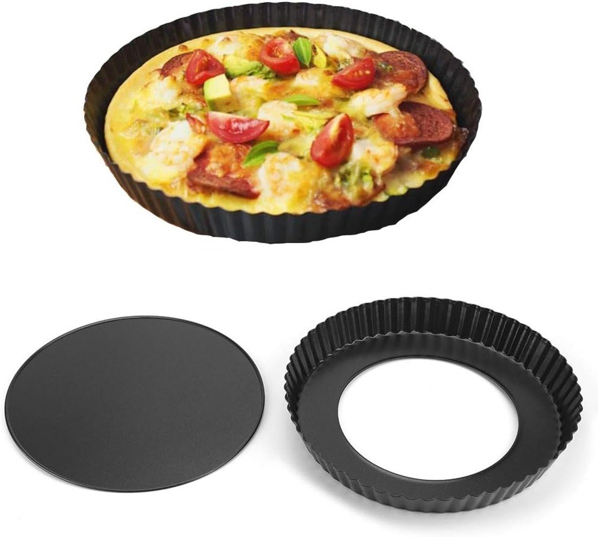 Pizza Bakvorm - Taartvorm Quiche Pan - Bakken Thuis - Losse Bodem - 24 cm Diameter - Zwart