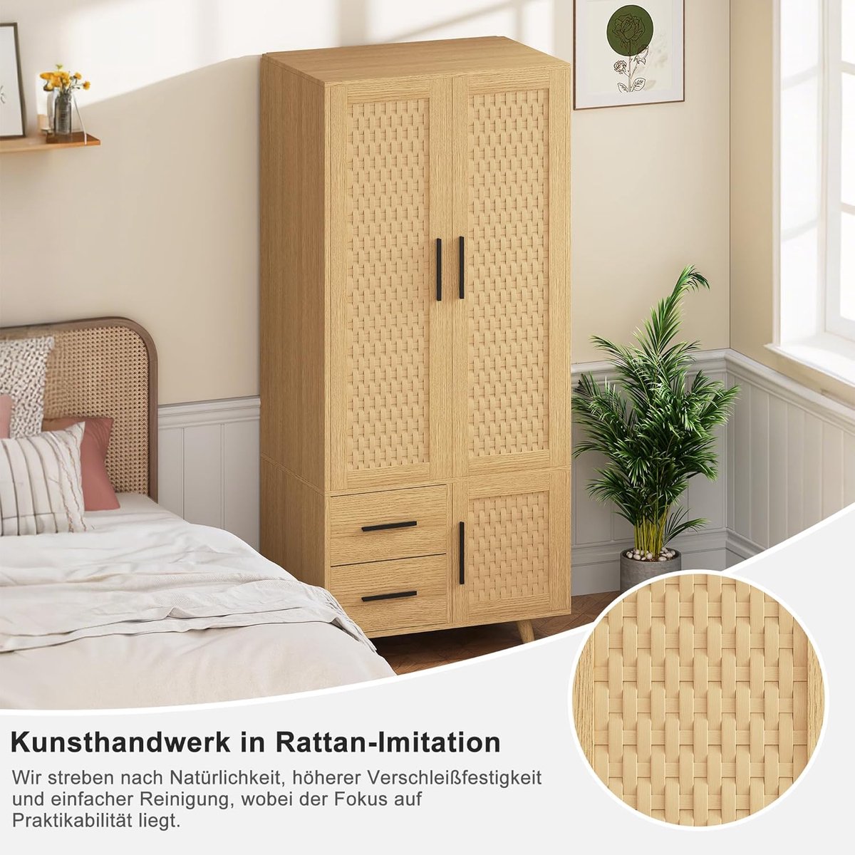 Wardrobe with rod, 2 drawers and 2 doors - country style wardrobe, small wardrobe for bedroom, living room, children's room (chipboard + PE rattan)