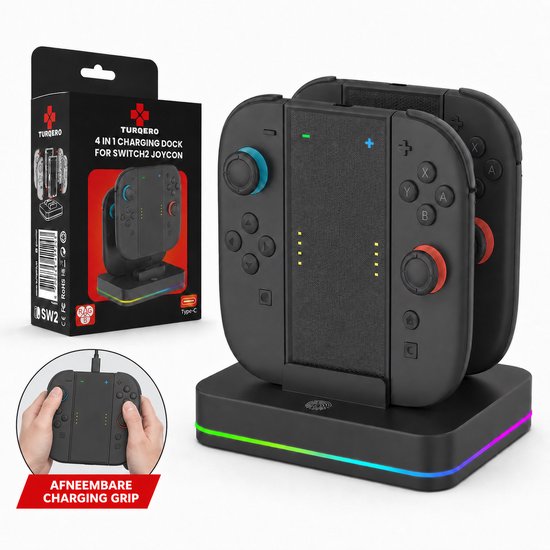 Zwarte 4-in-1 Joy-Con oplader voor Switch 2 met RGB-verlichting, inclusief afneembare charging grip.